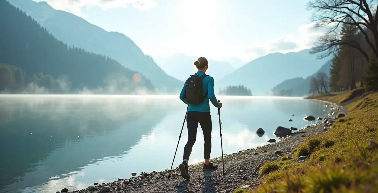 Person praktiziert Nordic Walking entlang eines ruhigen Schweizer Bergsees im Morgenlicht