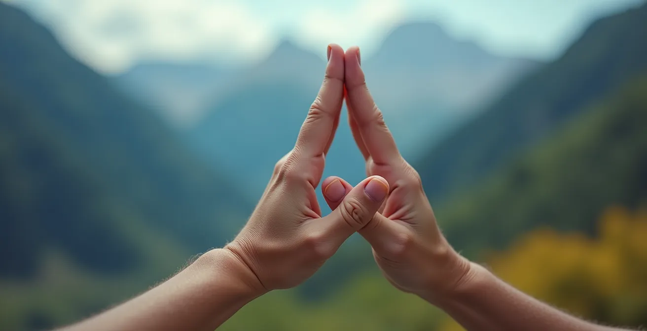 Nahaufnahme von Händen in meditativer Geste mit unscharfem Bergpanorama im Hintergrund