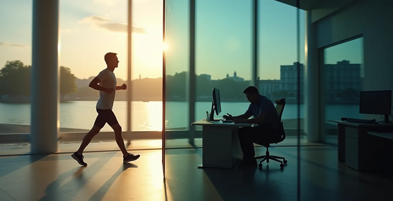 Das Paradox des aktiven Stubenhockers - eine visuelle Metapher der Bewegungsschuld, die durch langes Sitzen entsteht.