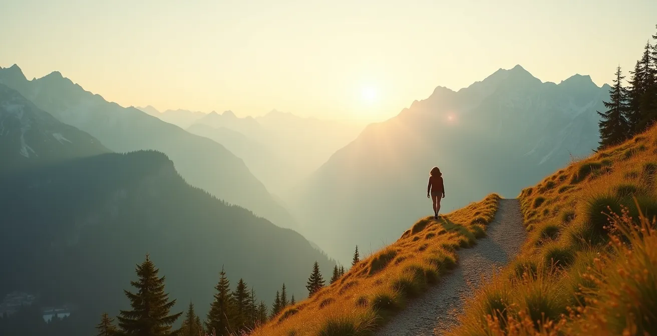 Weitwinkelige Landschaftsaufnahme mit Person in entspannter Gehbewegung in Schweizer Naturumgebung