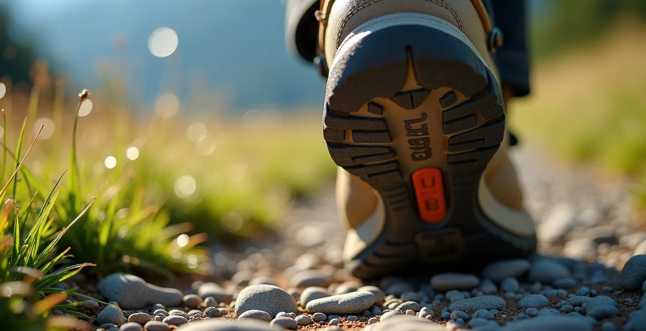 Makroaufnahme von Wanderschuhen auf Schweizer Bergpfad mit Tau und natürlichen Texturen