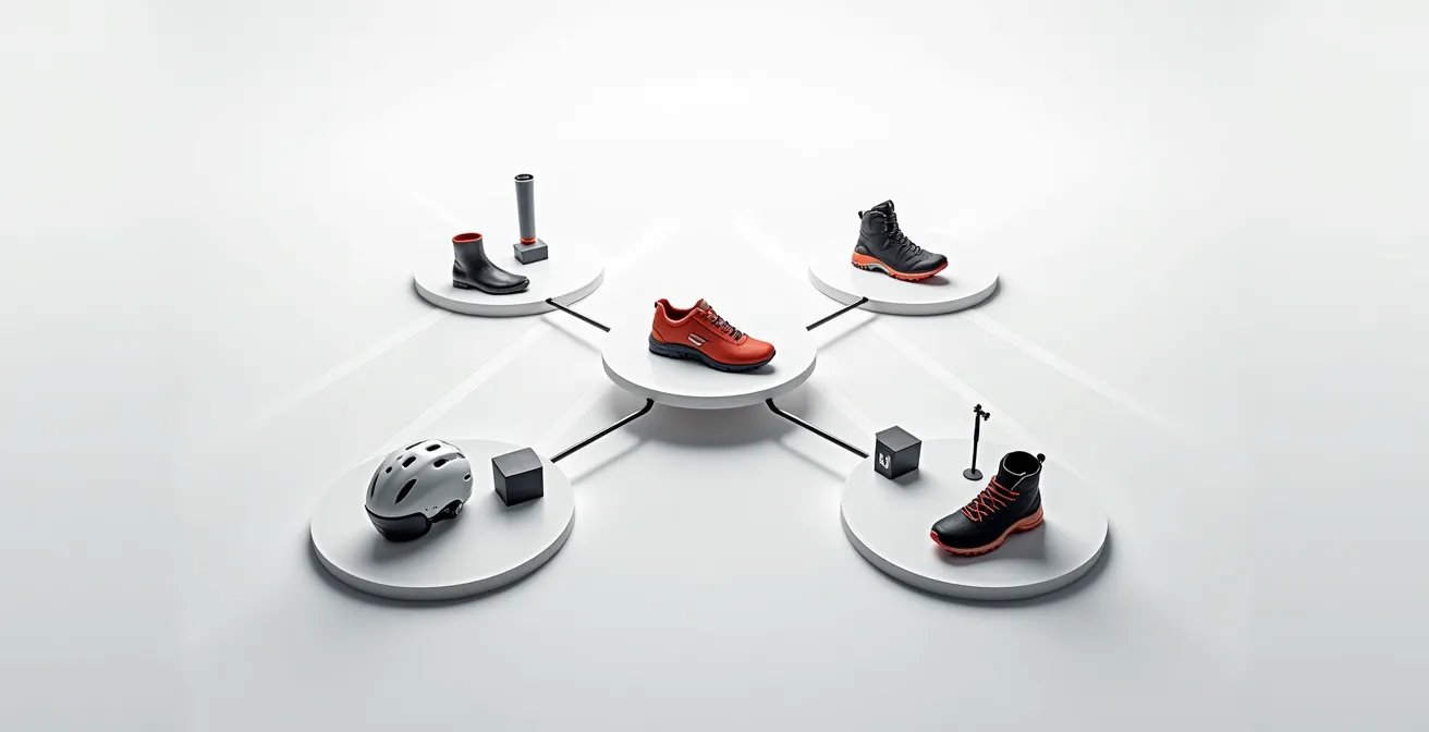 Visuelle Darstellung eines vernetzten App-Ökosystems für verschiedene Schweizer Sportarten wie Wandern, Skifahren, Radfahren und Yoga.