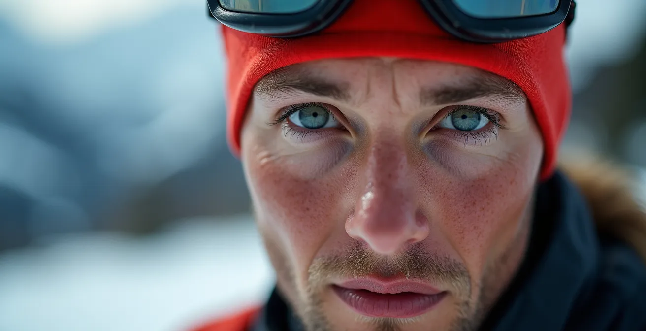 Nahaufnahme eines fokussierten Athleten bei der mentalen Vorbereitung