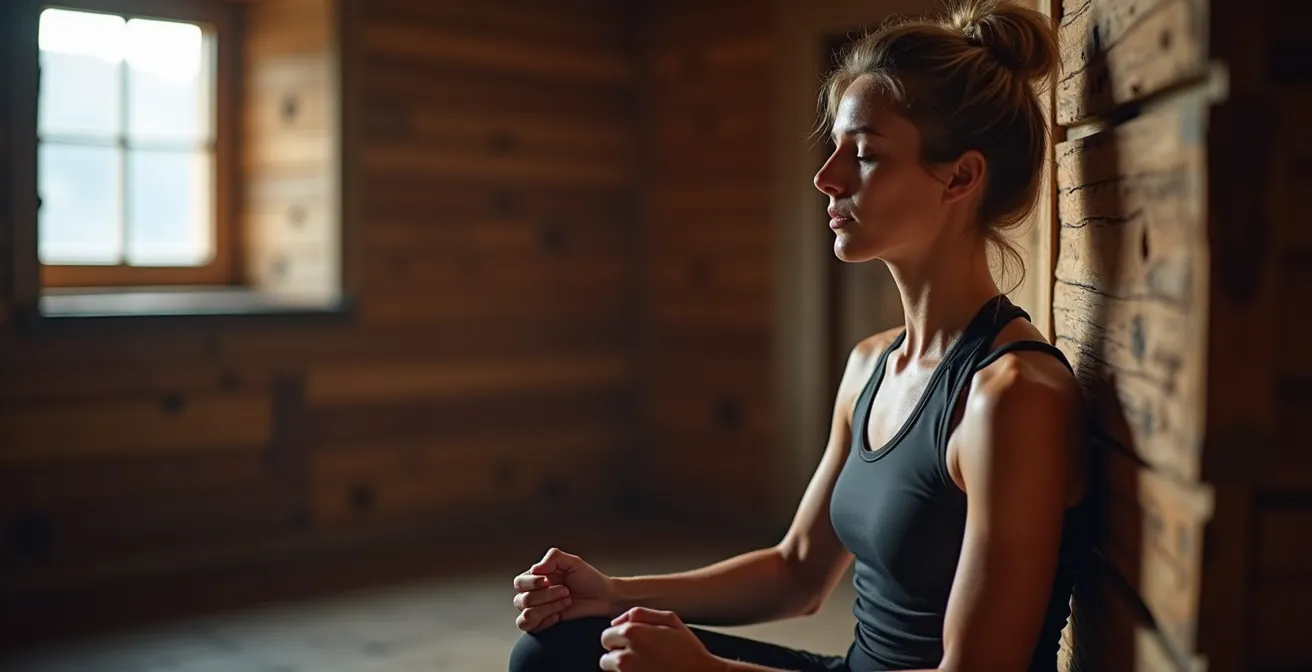 Athlet bei Body-Scan Meditation in traditioneller Schweizer Berghütte