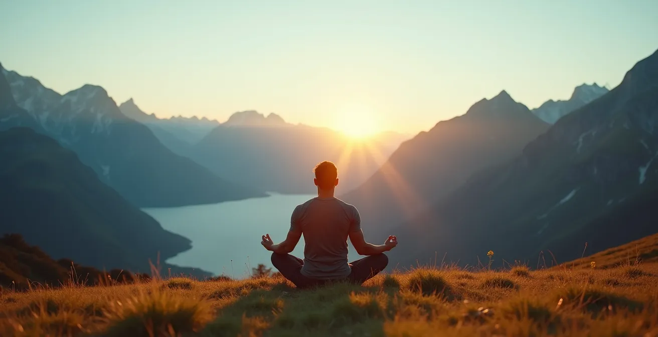 Athlet visualisiert mentale Übung mit geschlossenen Augen in Schweizer Berglandschaft