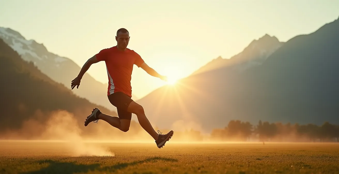 Schweizer Athlet führt dynamische Aufwärmübungen vor verschneiten Alpen aus