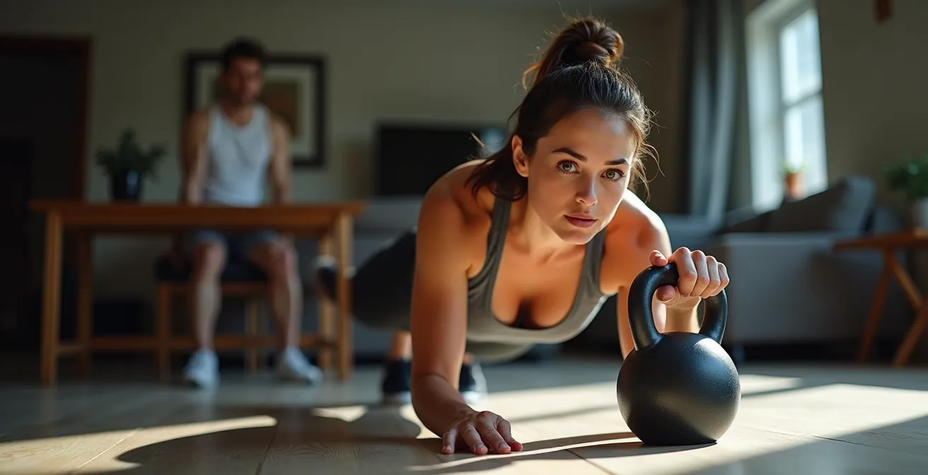 Seitliche Ansicht eines Trainierenden bei einer komplexen Bewegung, wobei virtuelle Linien die korrekte Form und Haltung andeuten.