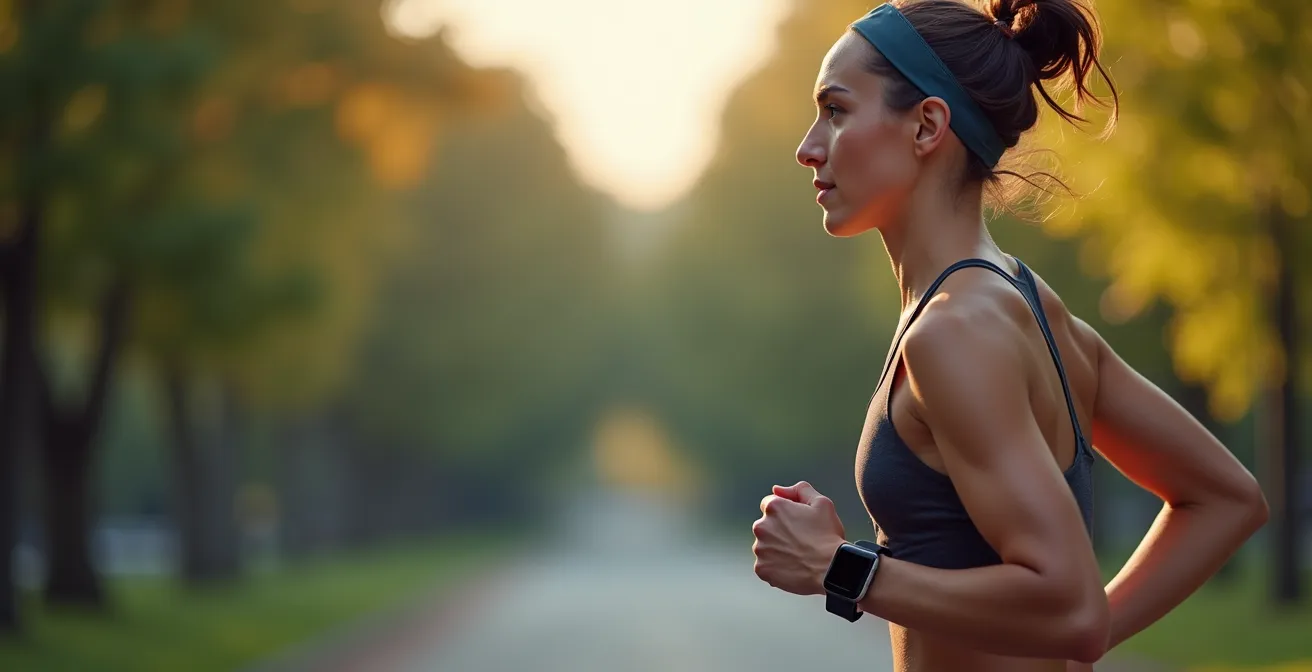 Seitenprofil eines fokussierten Läufers in Bewegung, der konzentriert nach vorne blickt und nicht auf seine Smartwatch schaut.