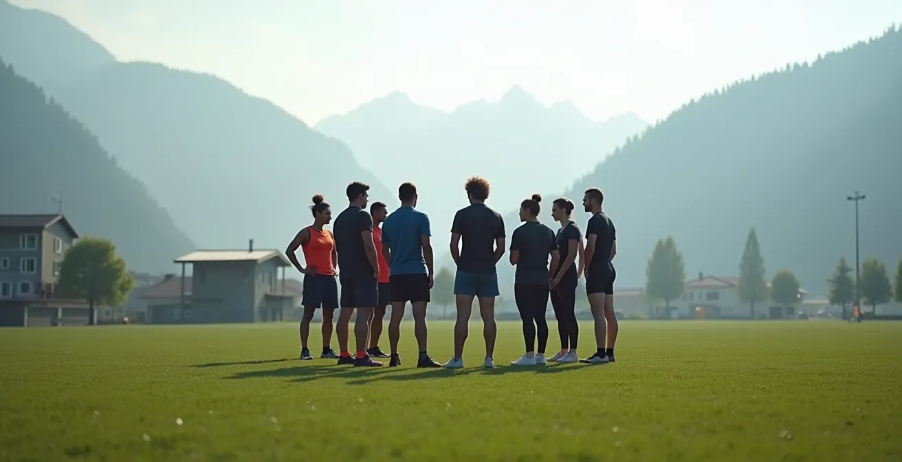 Eine Gruppe von Menschen in Sportkleidung bespricht bei Sonnenaufgang auf einem Schweizer Sportplatz mit Bergpanorama im Hintergrund eine Strategie.