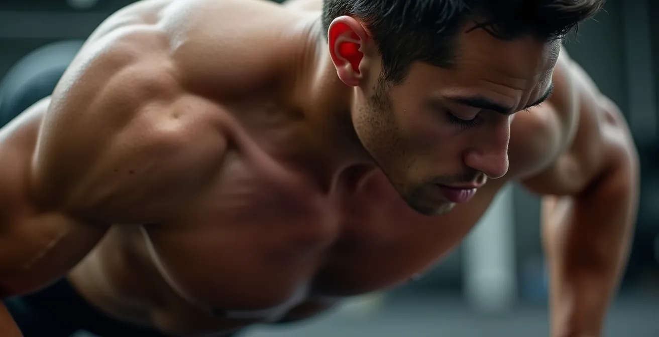 Detailaufnahme der Muskelkoordination bei einarmigem Liegestütz, die die Anspannung der geschlossenen kinetischen Kette zeigt.