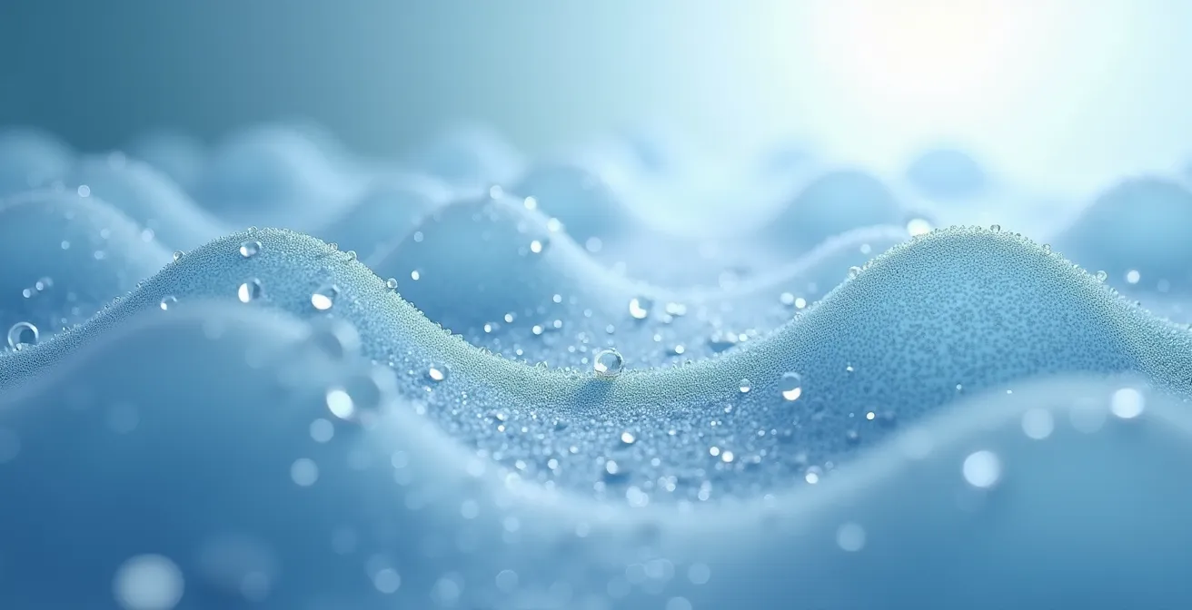 Makroaufnahme einer atmungsaktiven Membranstruktur mit Wasserdampfmolekülen