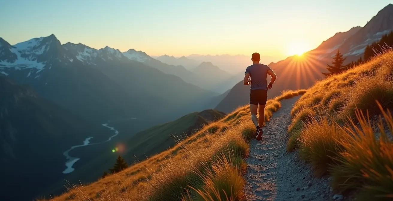 Läufer am Berghang in den Schweizer Alpen bei der Durchführung eines Leistungstests mit Pulsmessung.