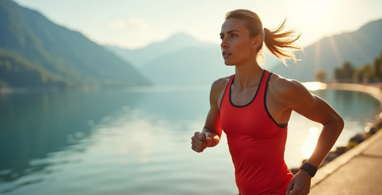 Läufer trainiert am Genfersee mit verschiedenen Intensitäten, was den Kontrast zwischen HIIT und LSD symbolisiert.