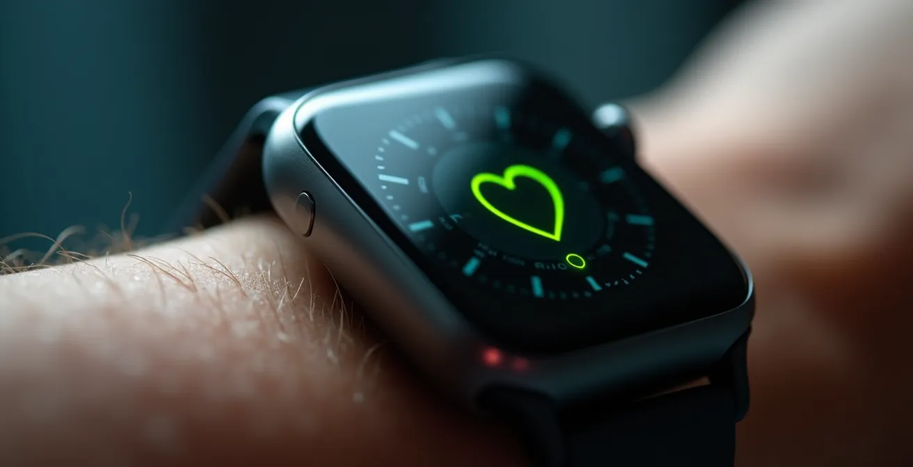 Makroaufnahme einer Sportuhr mit HRV-Messung am Handgelenk