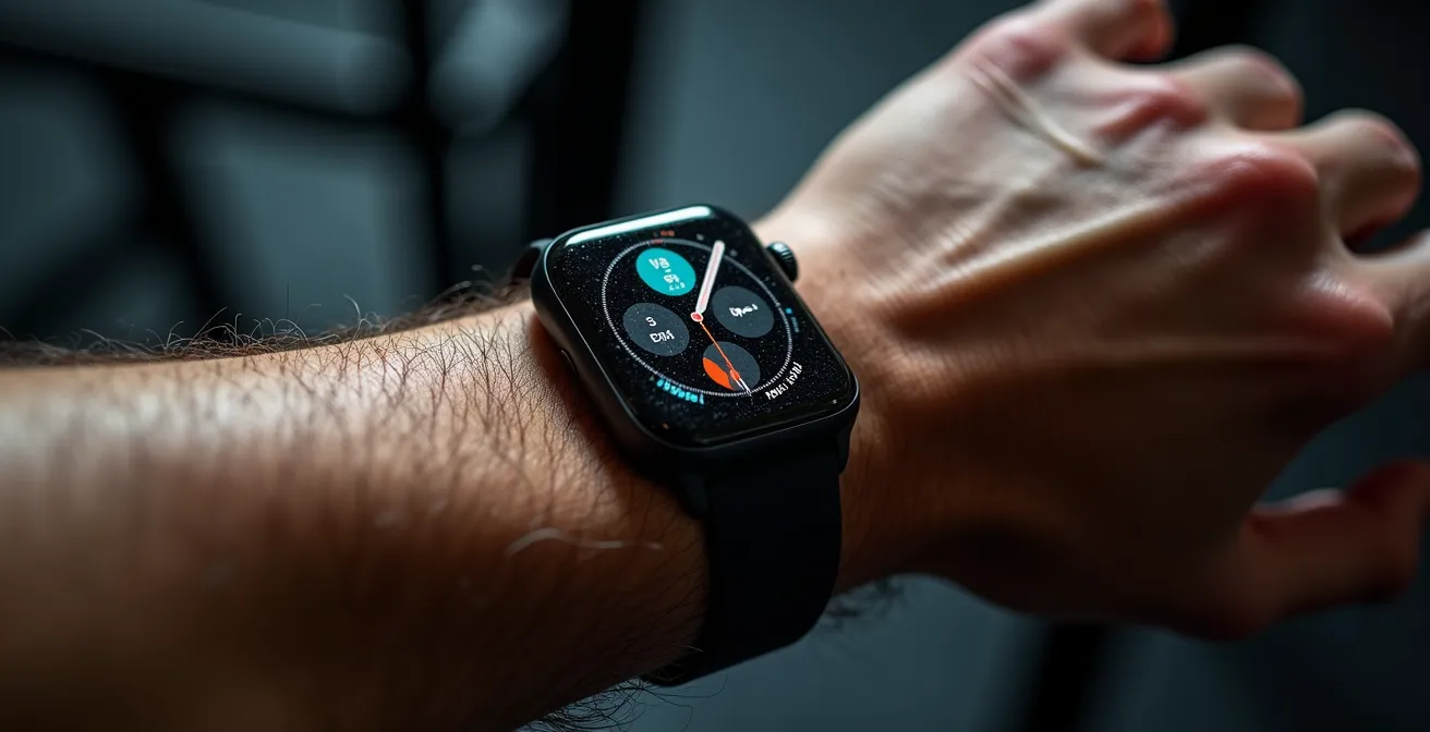 Nahaufnahme eines Wearables am Handgelenk mit abstrakten Datenvisualisierungen