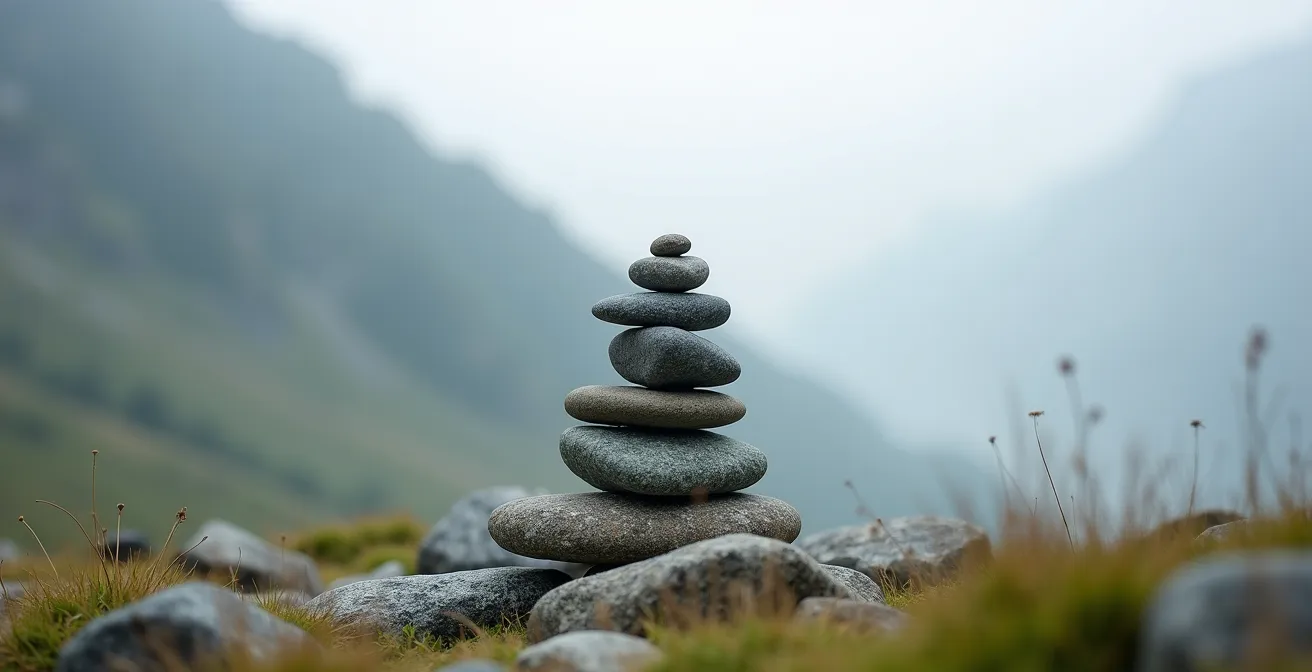 Visualisierung der Vagusaktivität als perfekt ausbalancierte Steine auf einer Schweizer Almwiese.