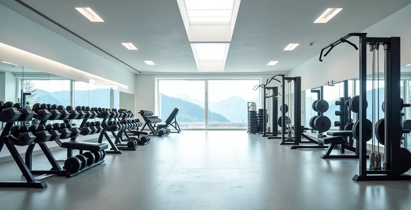 Weitwinkelaufnahme eines modernen Schweizer Trainingsbereichs mit Stationen für verschiedene Intensitätstechniken