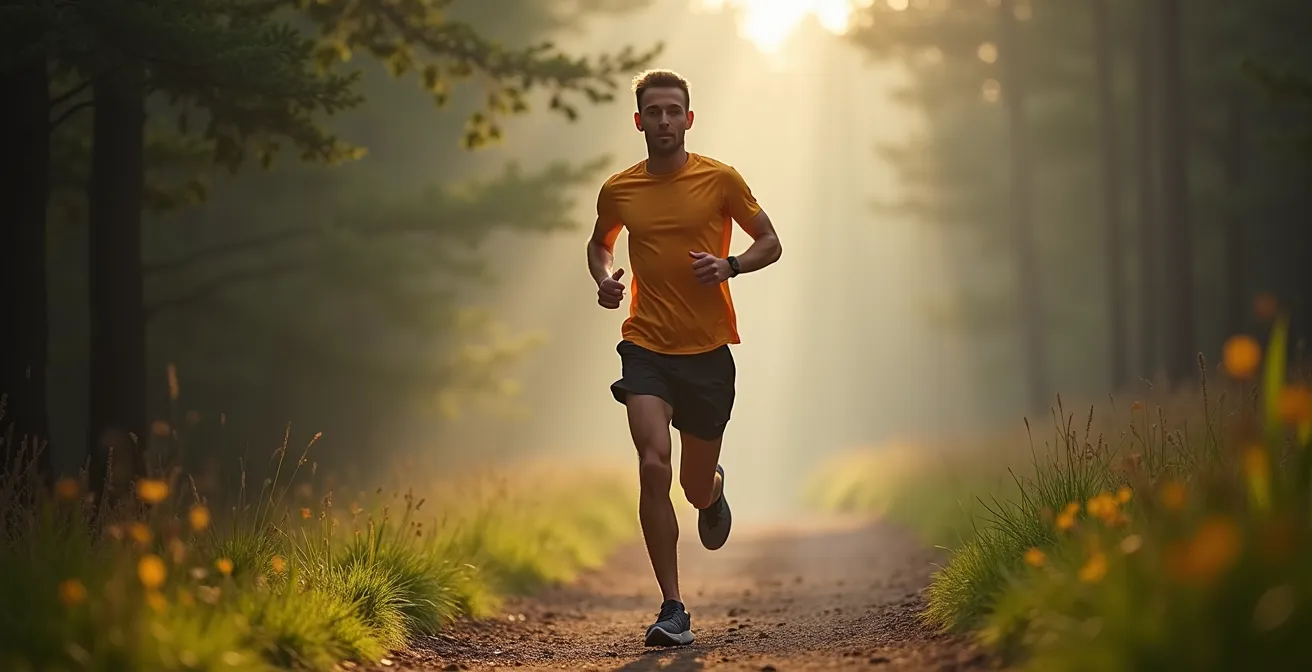 Person beim Laufen in der Natur mit dynamischer Bewegung und entspanntem Gesichtsausdruck
