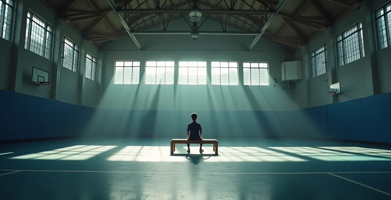 Erschöpftes Kind sitzt alleine auf einer Bank nach einem Wettkampf