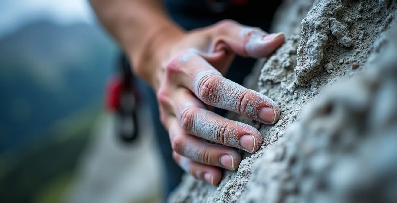 Kletterer an einer Felswand mit Fokus auf komplexe Bewegungskoordination