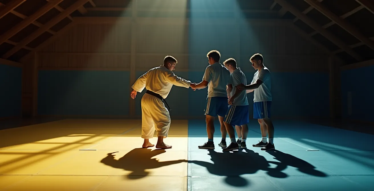 Kampfsportler und Fussballteam trainieren nebeneinander