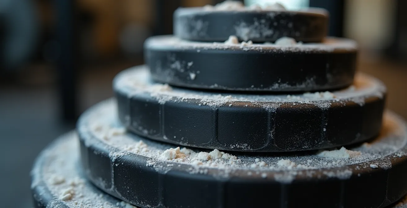 Makroaufnahme von Hantelscheiben mit strukturierten Oberflächen in einem Schweizer Fitnessstudio