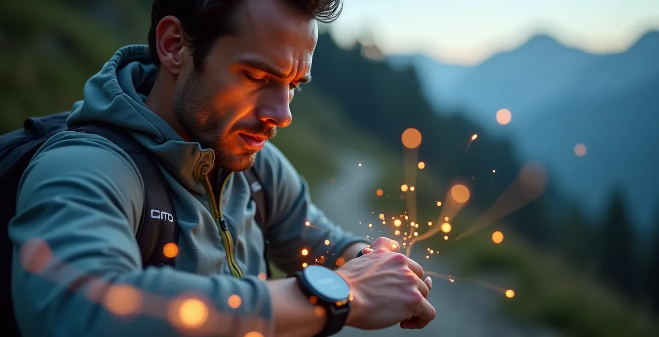 Läufer in Schweizer Berglandschaft mit abstrakten digitalen Lichtspuren