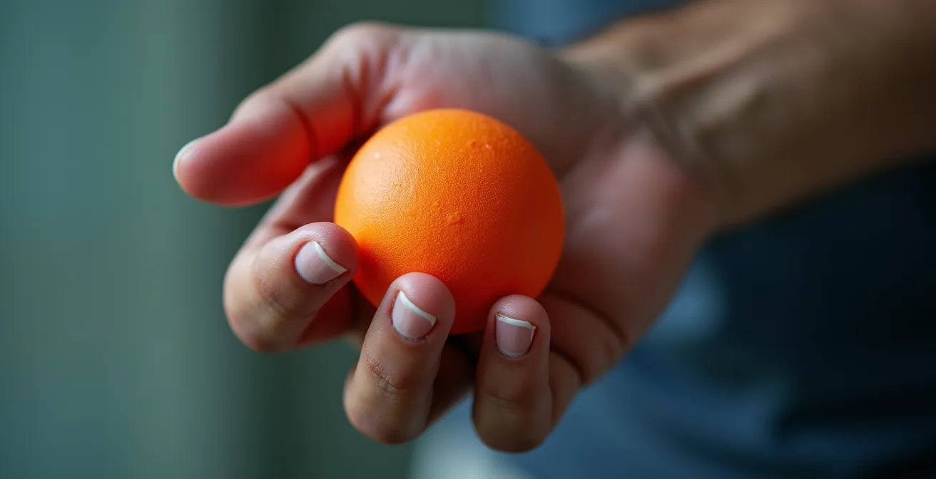 Extreme Nahaufnahme einer Sportlerhand die einen kleinen Ball knetet