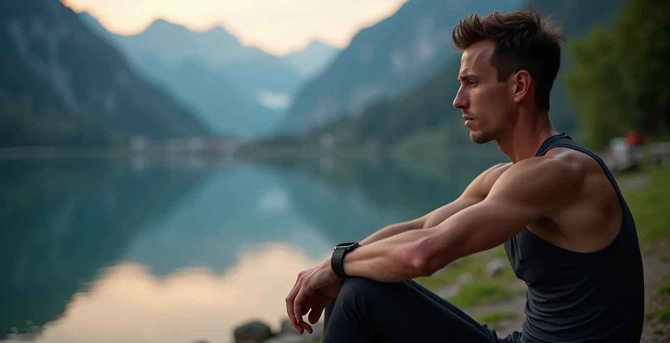 Läufer analysiert Trainingsdaten am See nach Marathon