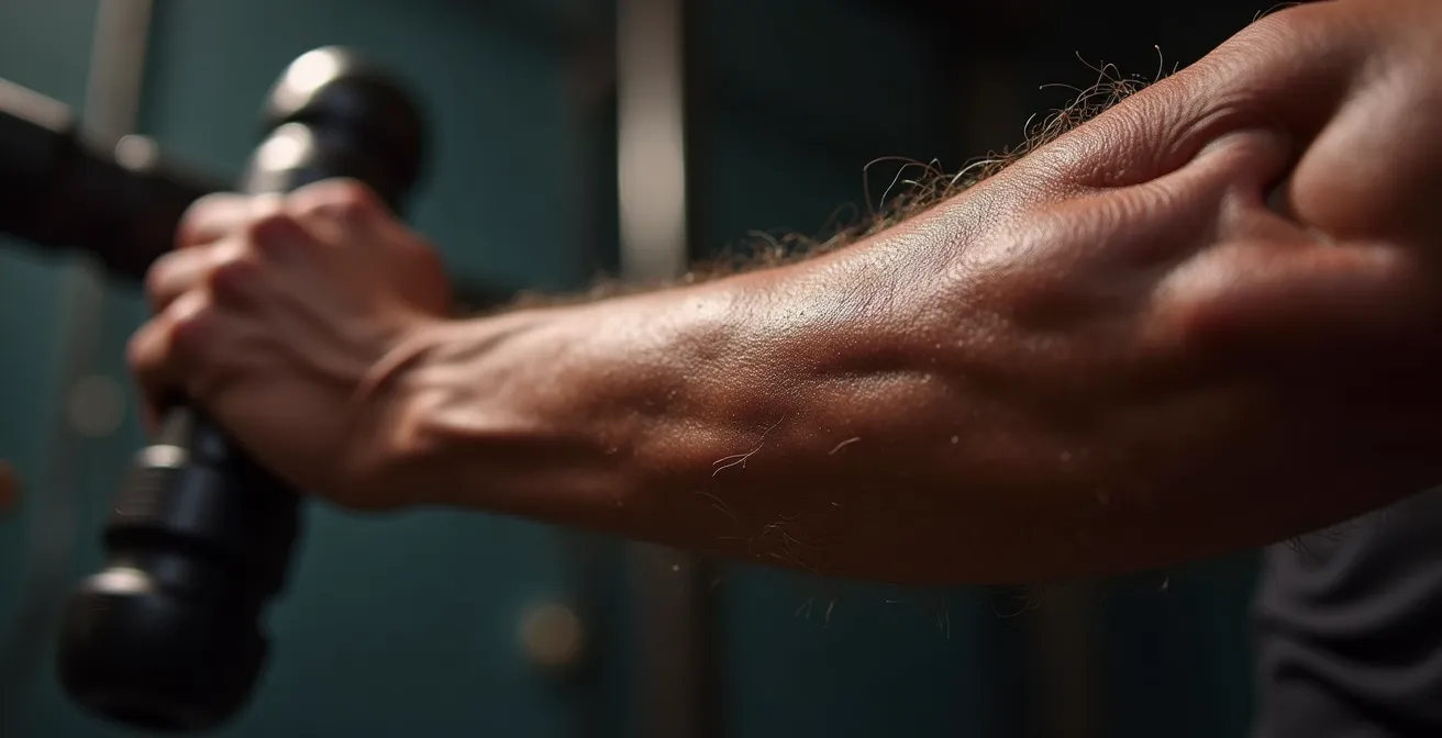 Nahaufnahme eines Athleten mit konzentriertem Gesichtsausdruck während einer Kraftübung, die die Muskelspannung verdeutlicht.