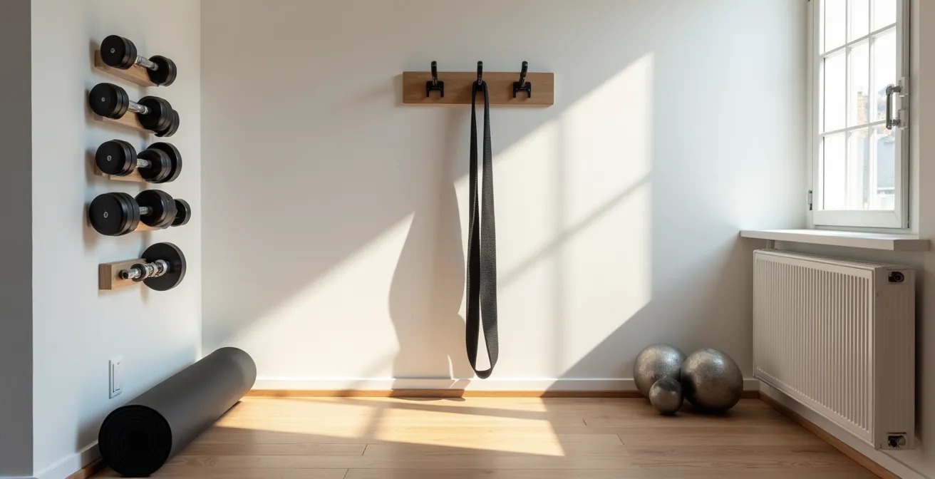 Platzsparendes Home-Gym Setup in einer typischen Schweizer Wohnung