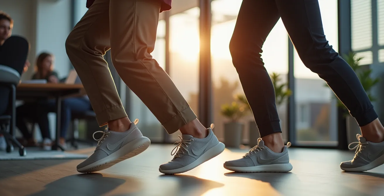 Modernes Schweizer Büro mit Professionals in hochwertigen Sneakers und Business-Casual-Kleidung