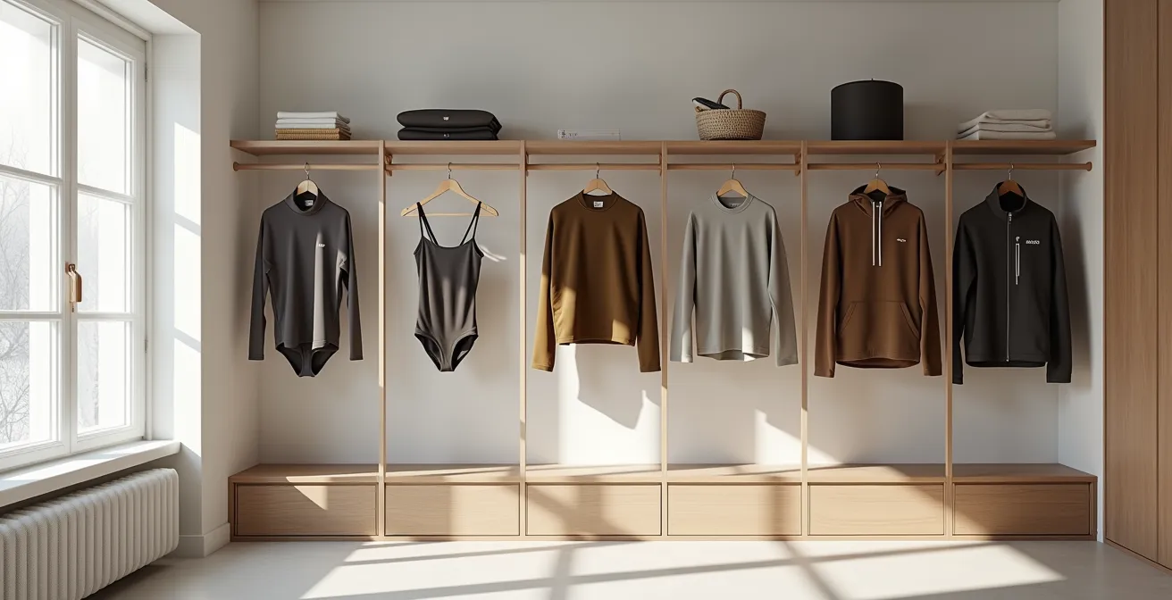 Übersicht einer modularen Sportgarderobe mit hochwertigen Schweizer Sportkleidungsstücken