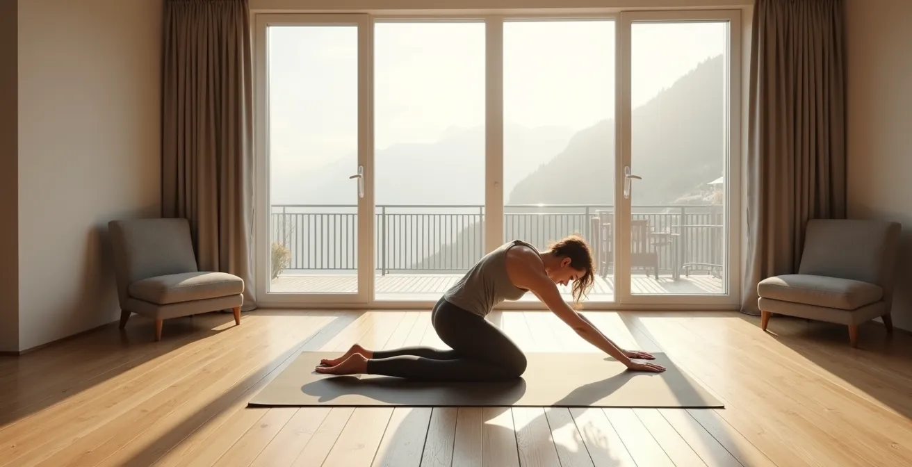Sequenz von Dehnübungen für den Rücken in hellem, minimalistischem Raum mit Alpenblick am Morgen