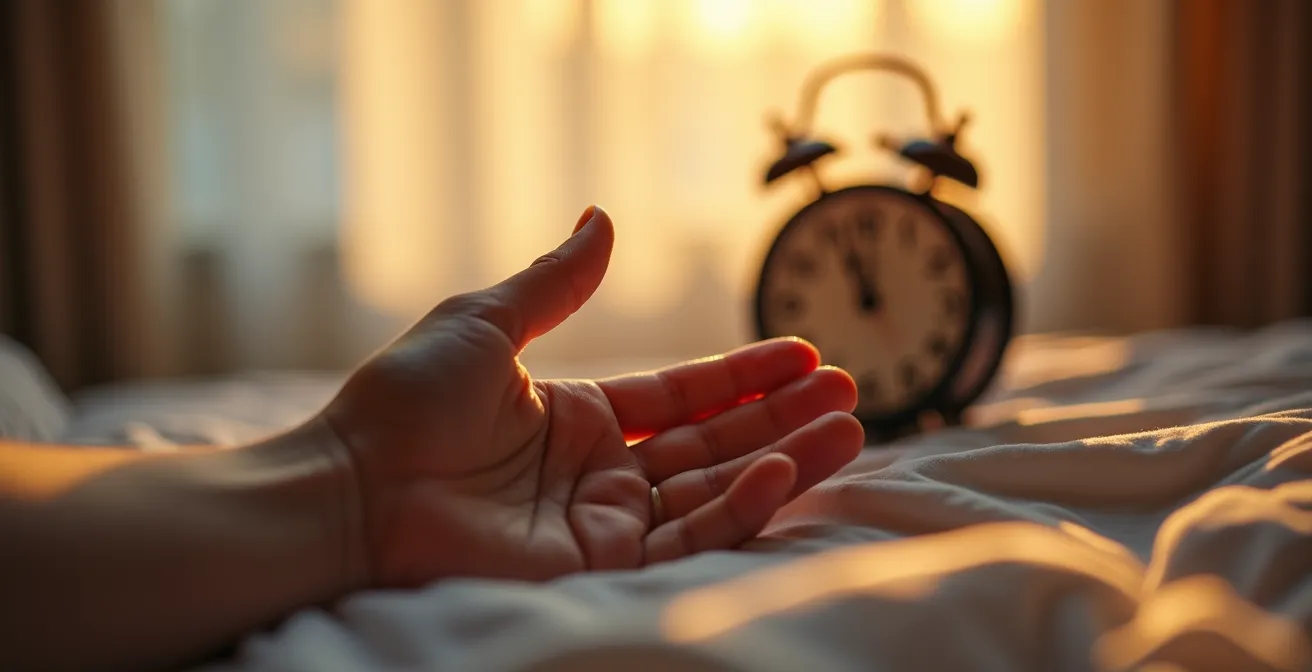 Nahaufnahme von Fingern, die am Handgelenk den Puls messen, im sanften Morgenlicht.