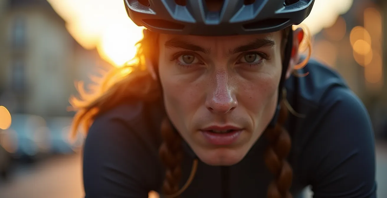 Radfahrer beim morgendlichen Pendeln durch Zürich mit Fokus auf Bewegungsdynamik