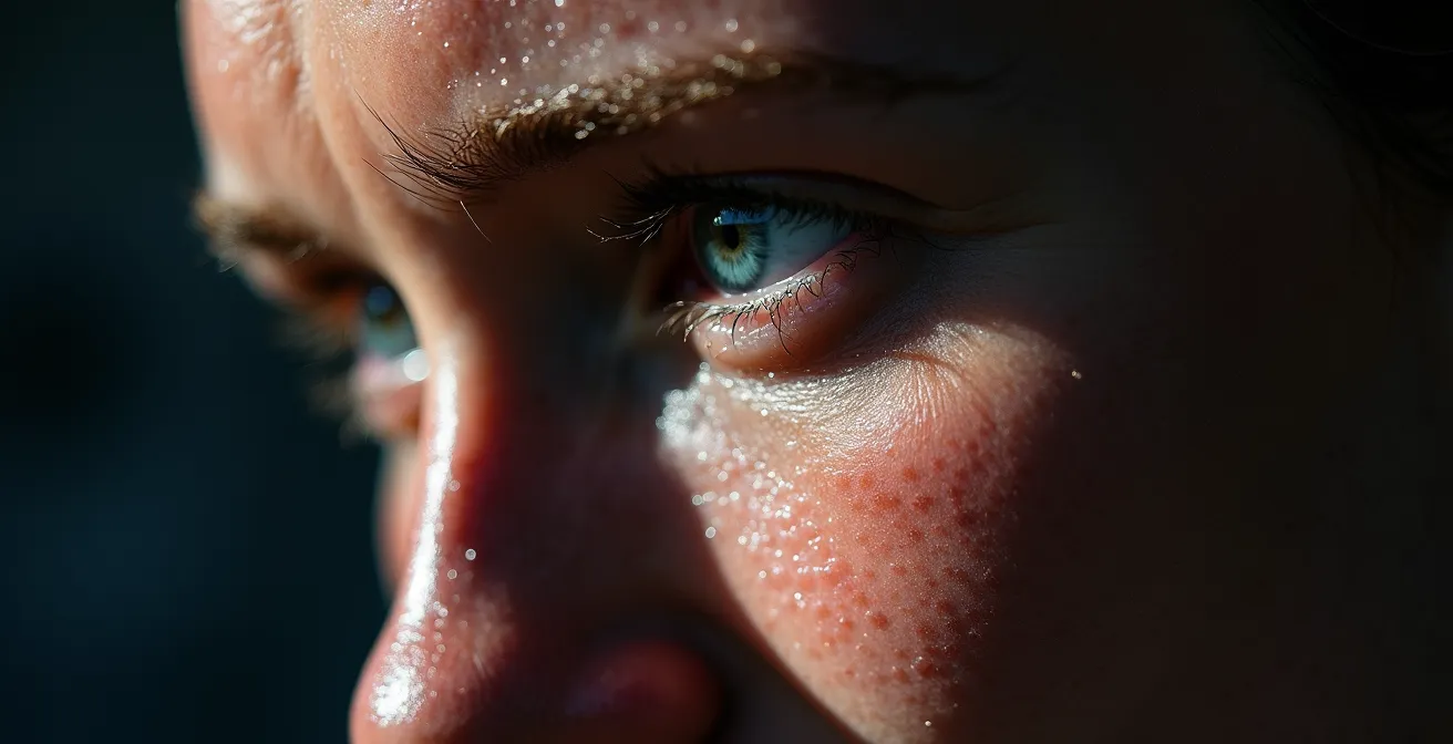 Makroaufnahme von Schweißperlen und konzentriertem Gesichtsausdruck eines Athleten