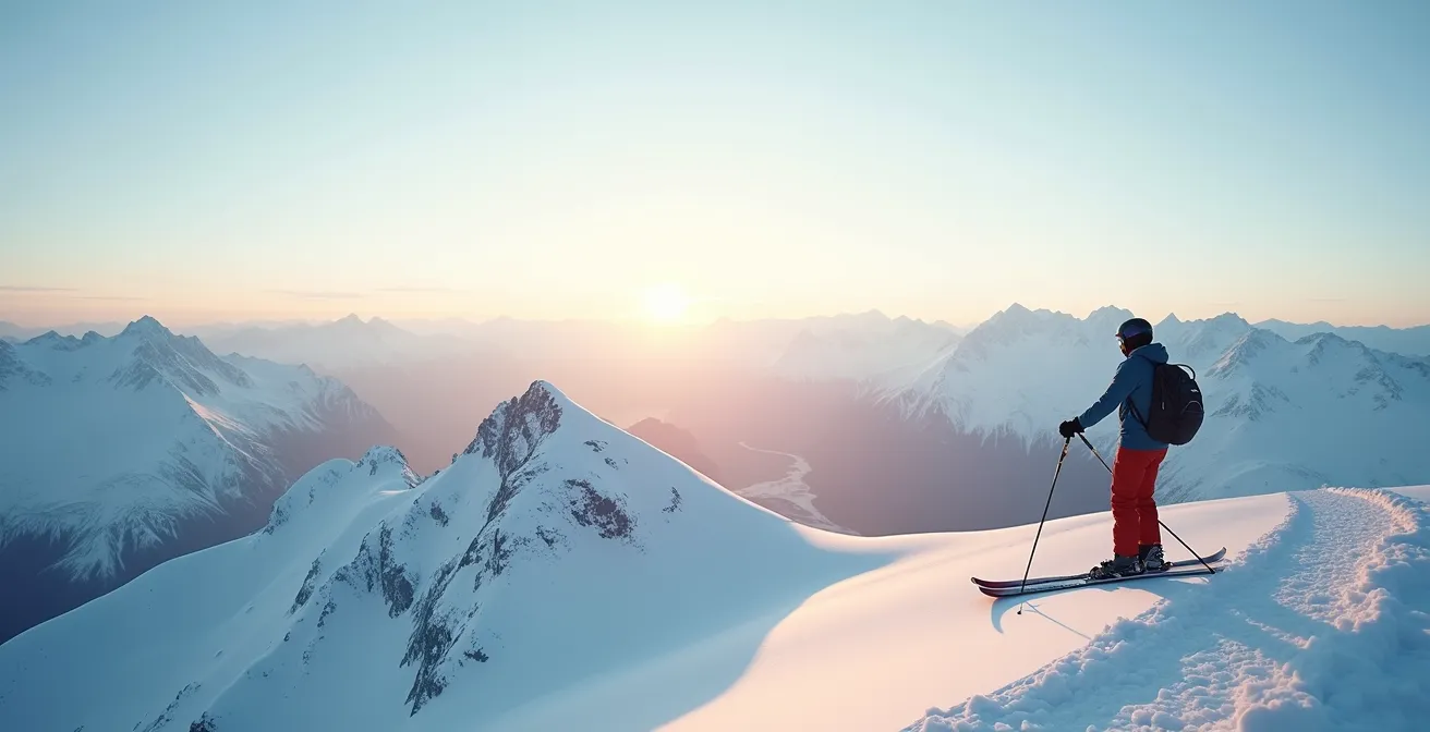 Weitwinkelaufnahme eines Skifahrers in schweizer Berglandschaft, der am Gipfel steht