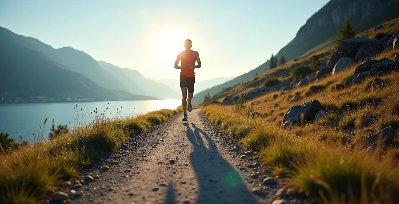 Visualisierung des polarisierten Trainings mit Schweizer Landschaften: links ein flacher Weg am See, rechts ein steiler Bergpfad.