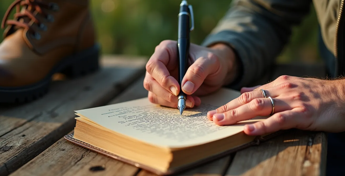 Nahaufnahme von Händen, die in ein Tagebuch schreiben, umgeben von Wanderausrüstung