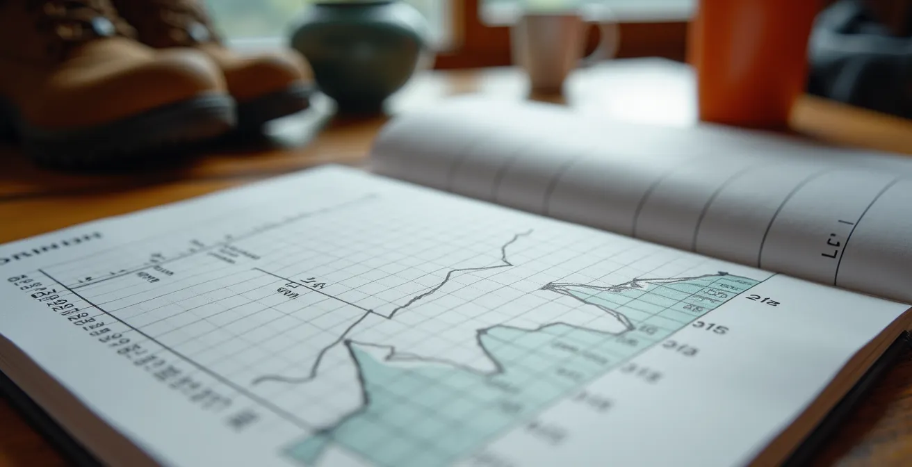 Nahaufnahme eines Sporttagebuchs mit handgezeichneten Fortschrittskurven und Schweizer Berghöhen-Vergleichen