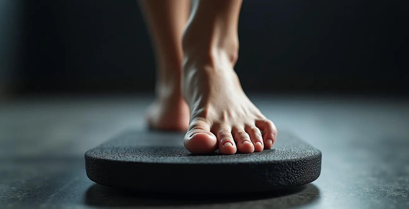 Nahaufnahme eines Fusses auf einem Balance-Pad, der eine Stabilisierungsübung durchführt, um die Propriozeption nach einer Verletzung zu trainieren.