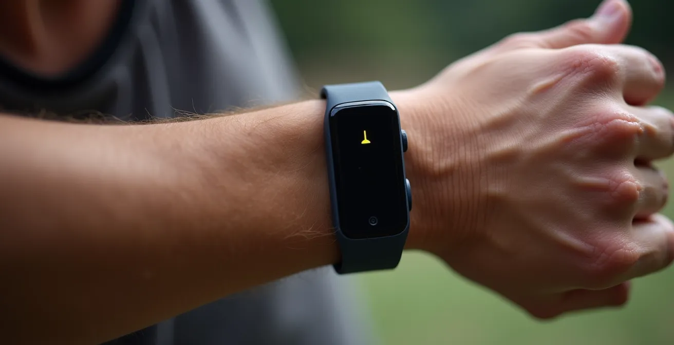 Nahaufnahme eines Handgelenks mit Pulsmesser beim Training