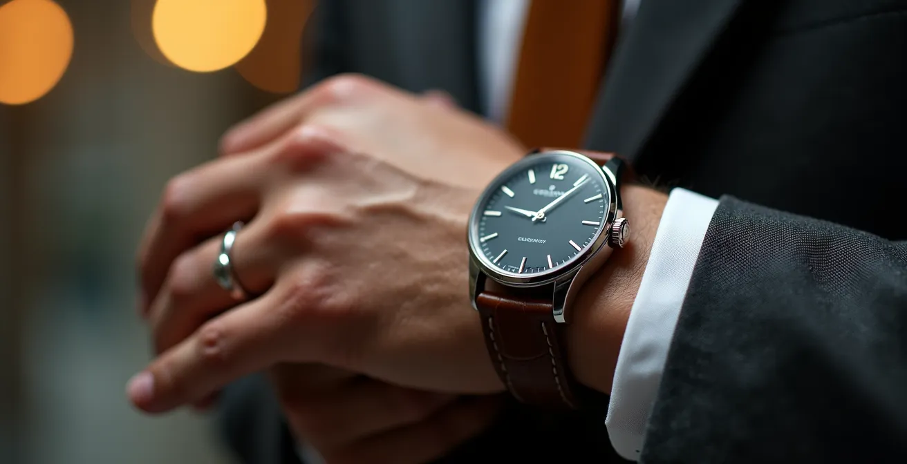 Nahaufnahme einer Hand mit Schweizer Uhr beim Prüfen von Kursbewertungen, was die sorgfältige Qualitätsprüfung symbolisiert.