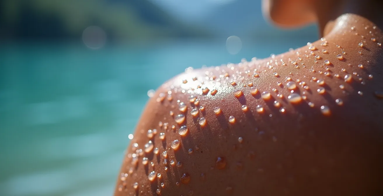 Nahaufnahme von Wassertropfen auf der Haut nach dem Schwimmen in einem Schweizer Bergsee als Symbol für Regeneration