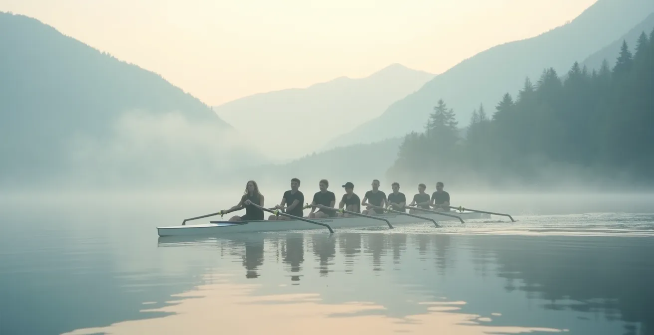 Ruderteam trainiert synchron auf einem Schweizer See