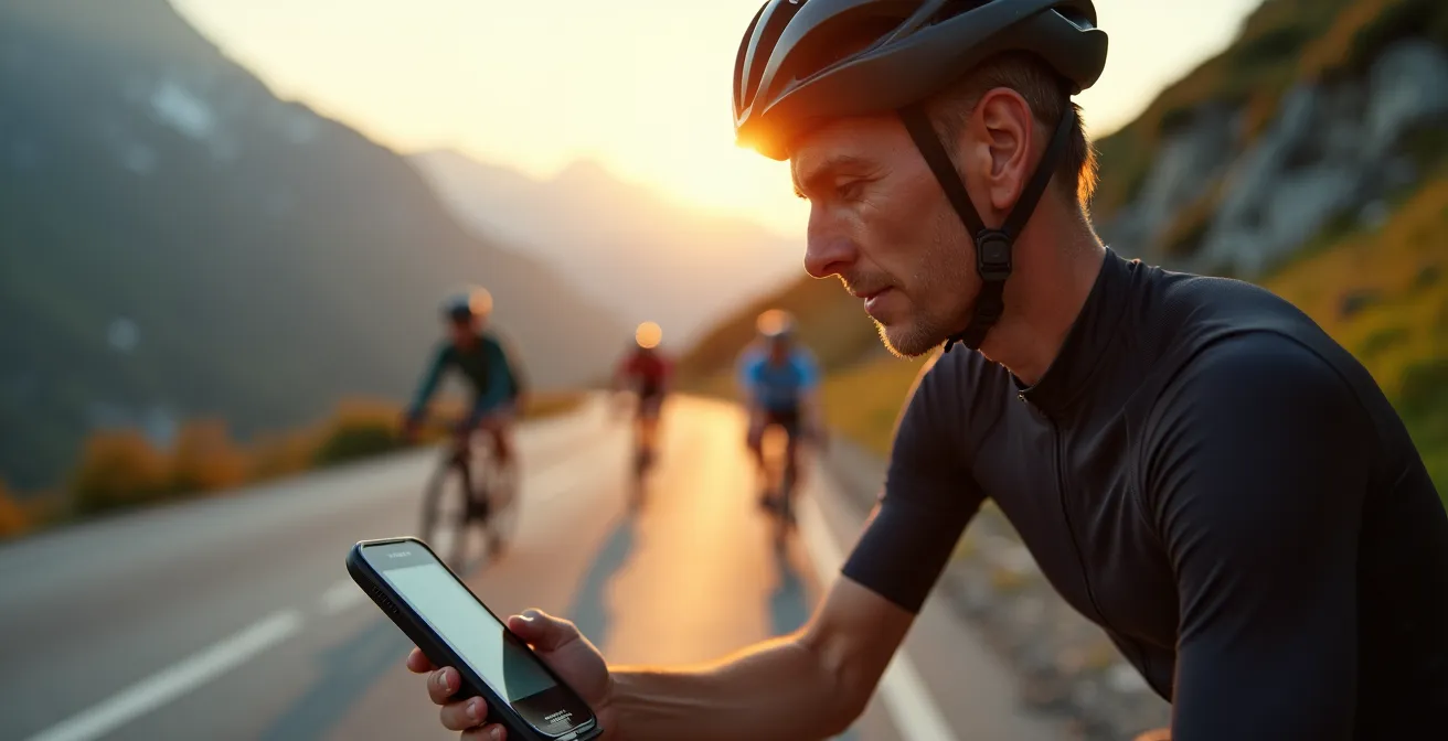 Radfahrer prüft persönliche Bestzeit auf Bergstrecke mit verschwommenen anderen Sportlern im Hintergrund
