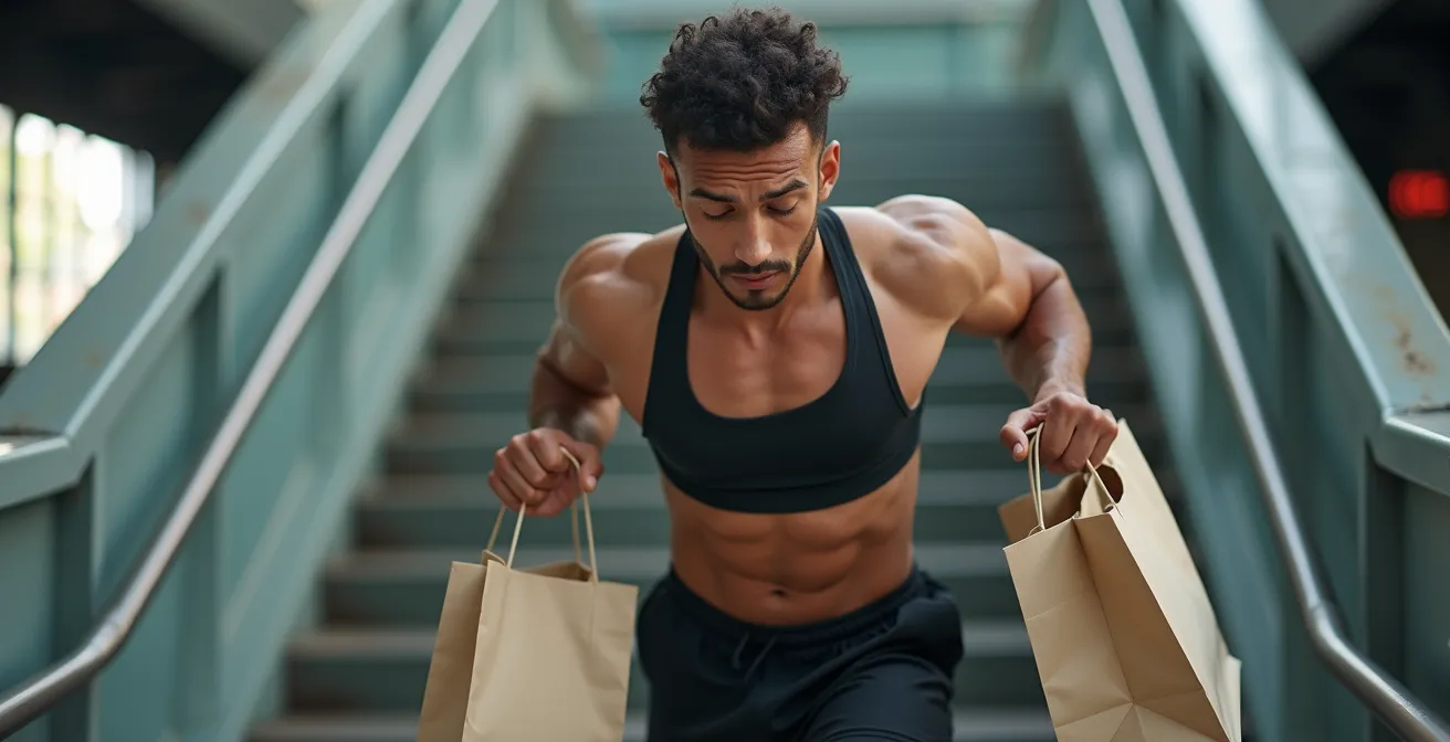 Person führt funktionellen Bewegungstest mit Einkaufstaschen aus