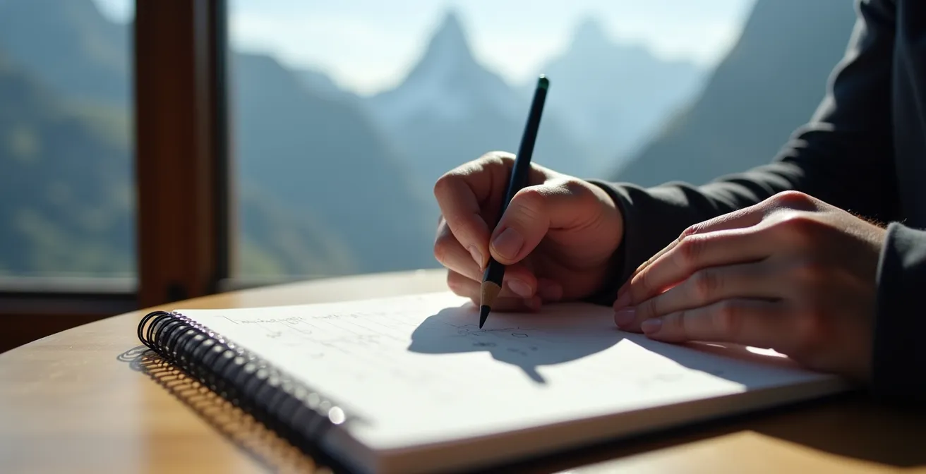 Sportler macht Notizen in Trainingsplan bei Bergkulisse