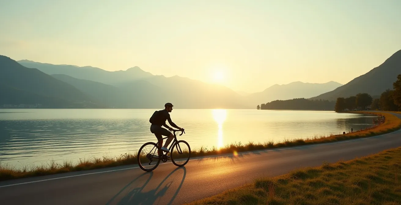 Ein Radfahrer bei einem leichten Testtraining entlang eines ruhigen Schweizer Sees in der Abenddämmerung.